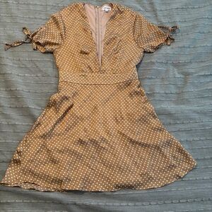 superdown Brown Polka Dot Mini Dress with deep V-neck and bow detail on sleeve